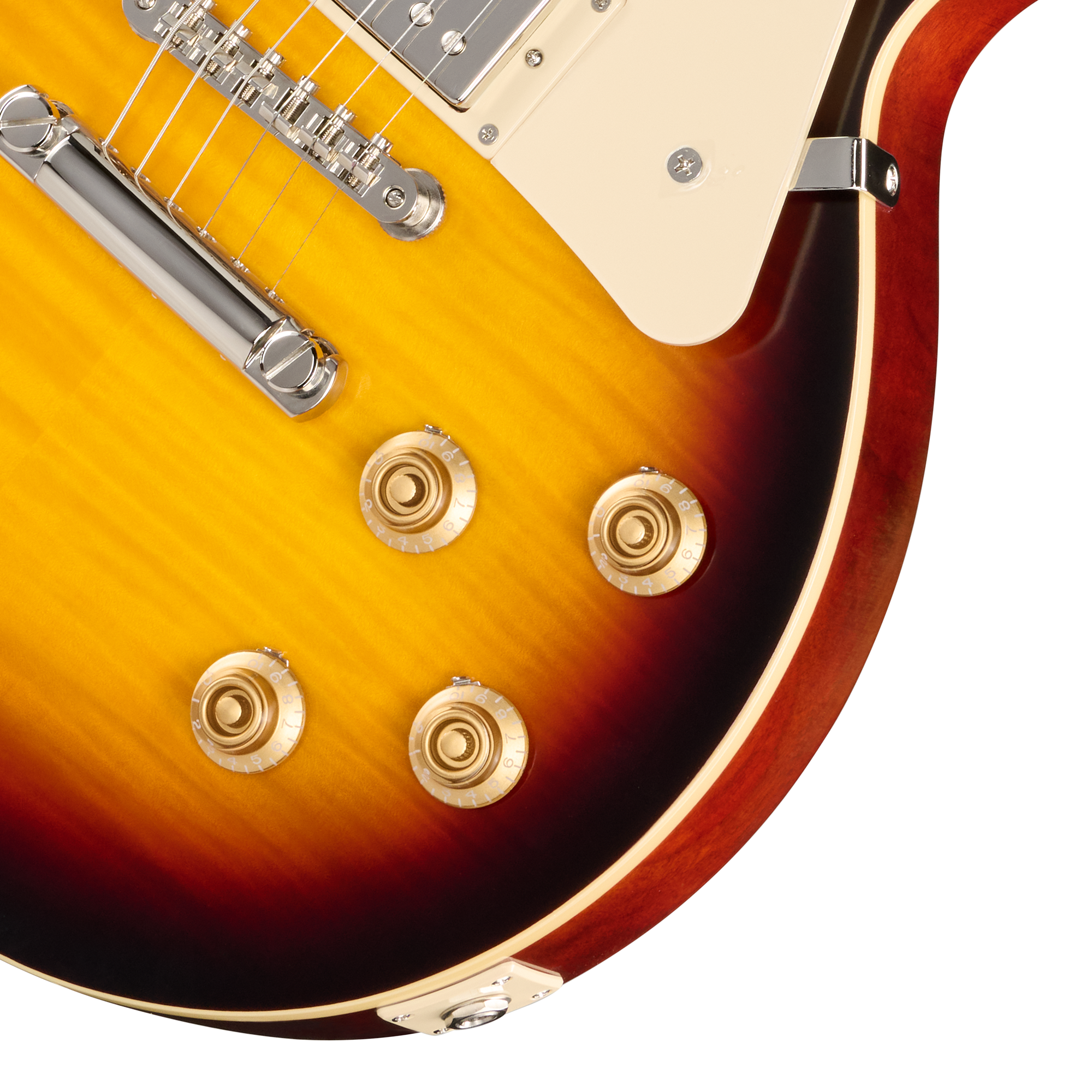 E-Gitarre, Sunburst-Lackierung, Massivholzkorpus, Cremefarbenes Schlagbrett, Vier Drehregler